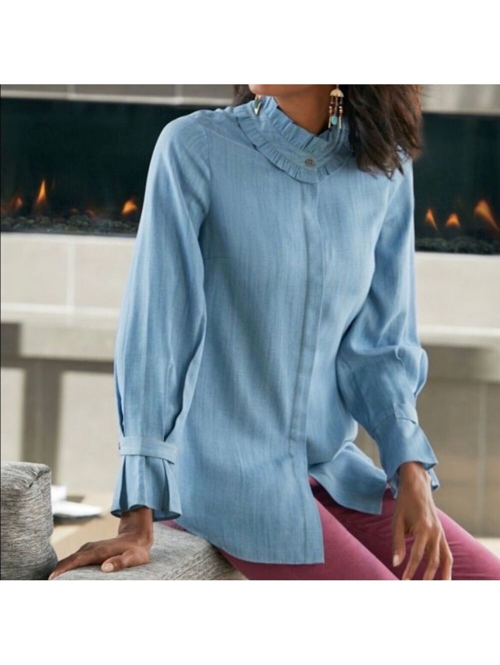 Soft Surroundings Blue Chambray Cottage Core Ruffled Collar Shirt Top